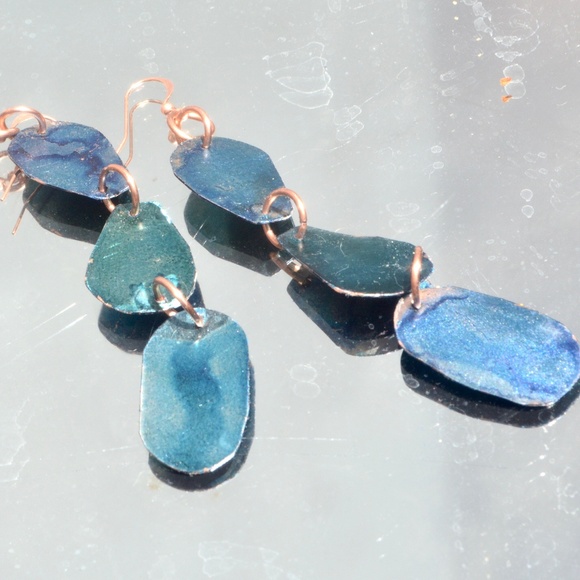 Long Blue Dangle Solid Copper Earrings Handmade - Picture 2 of 7
